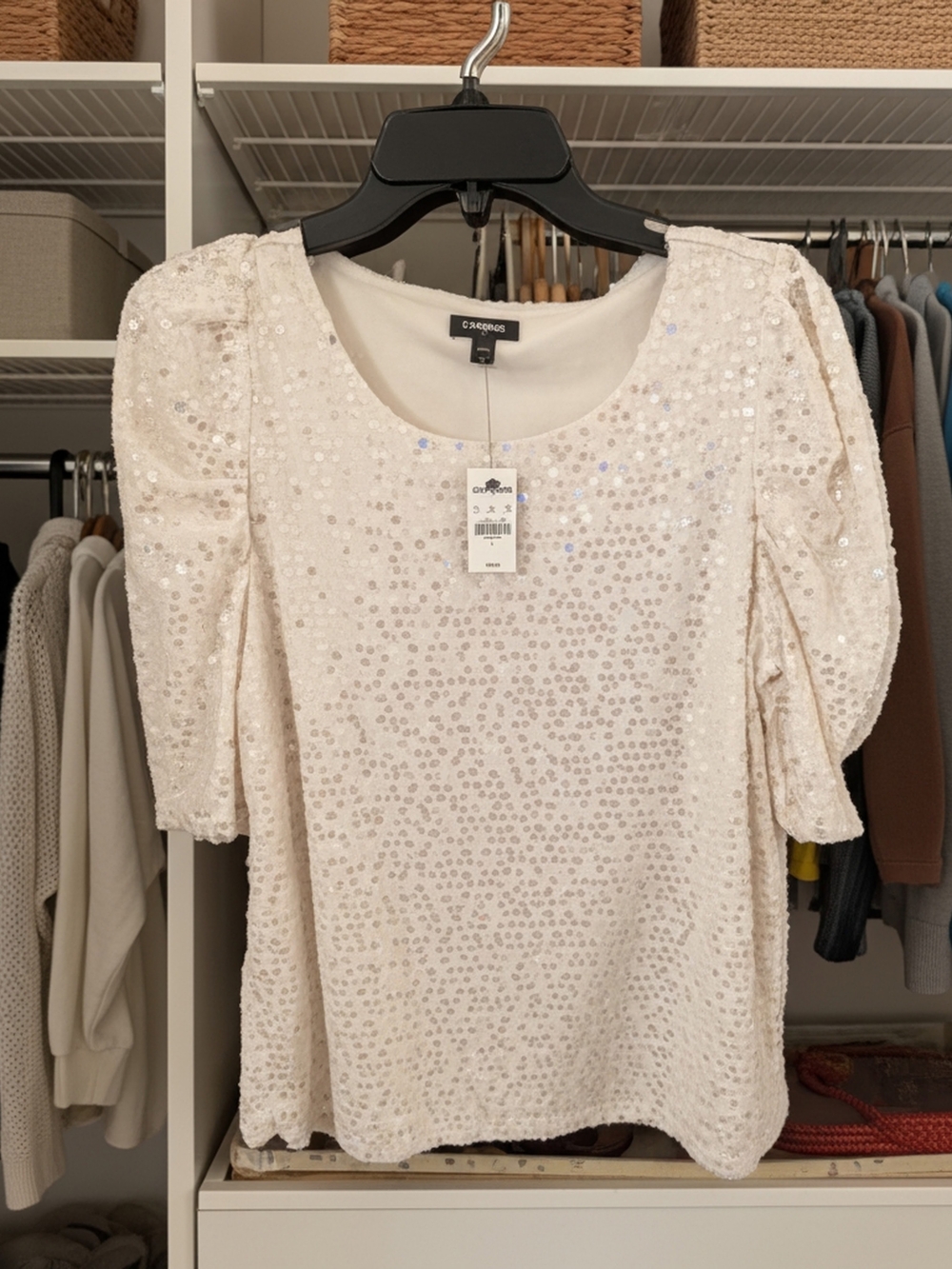 Club Monaco Ivory Sequin Puff-Sleeve Blouse